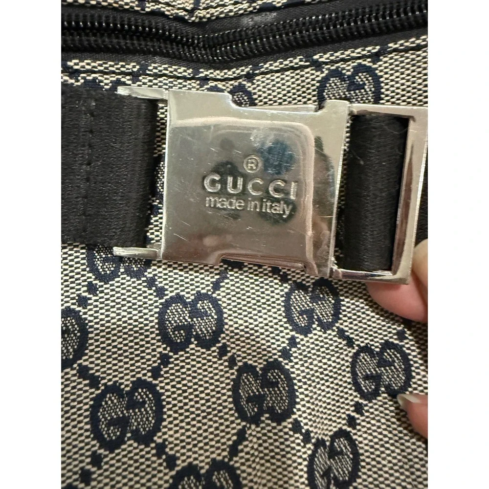 Gucci GG Monogram Canvas Waist Bag Navy Beige Black Leather 101919 1669 Italy